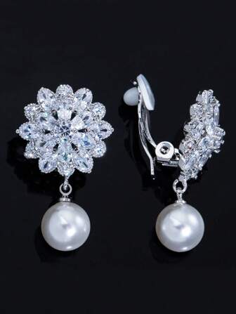 SEQUITO One Pair Dazzling Cubic Zirconia Flower Drop With High Quality White Faux Pearl Pierceless Clip On Earrings For Women No Piercing Ear Hole Wedding Party Jewelry Valentines,Mom,Mother,Mother's Day,Gift