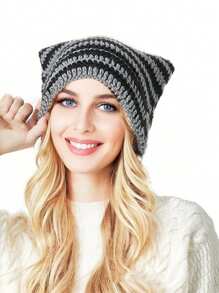 Cute 1pc Women Wool Mix Striped Pattern Casual Beanie - Black - View 4