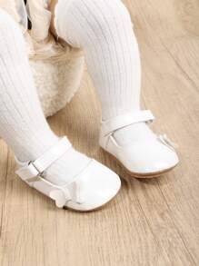 1 coppia Scarpe PU per bambine, con nodo a fiocco di colore solido, chiusura a gancio e anello, suola morbida antiscivolo adatta per bambini da 0-18 mesi, stile principessa elegante e atmosferico, perfetto per la stagione primavera e autunno