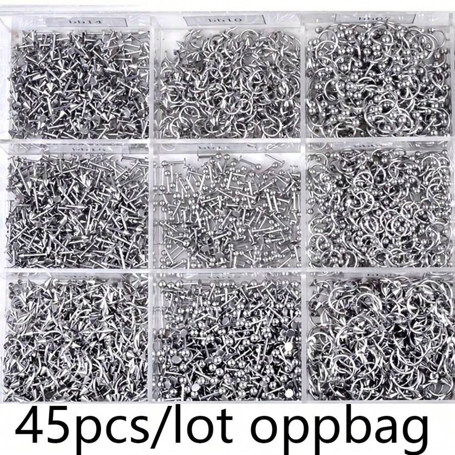 45pcs Stainless Steel Piercing Jewelry Set, Including Tongue Piercing, Eyebrow Piercing, Nose Ring, Lip Piercing