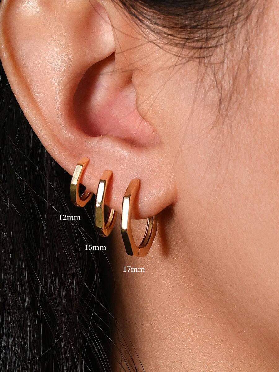 Sterling Silver Geometric Octagon Hoop Earrings Set | Hypoallergenic 14K Gold Plated Huggie Earrings For Women Girls Men | 3 Size Options(12mm,15mm,18mm)  | Fine Jewelry For Party Birthday Gift - Yellow Gold - View 1