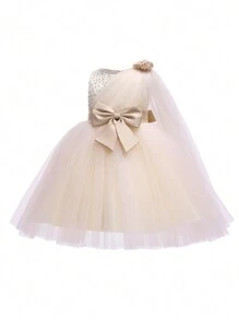 Young Girl's Bowknot Mesh Formal Prom Dress, Spring, Suitable For Birthday Parties, Dance Parties, Important Occasions, Holidays, Stage Performances - Champagne - View 3