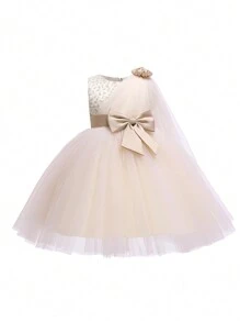 Young Girl's Bowknot Mesh Formal Prom Dress, Spring, Suitable For Birthday Parties, Dance Parties, Important Occasions, Holidays, Stage Performances - Champagne - View 1