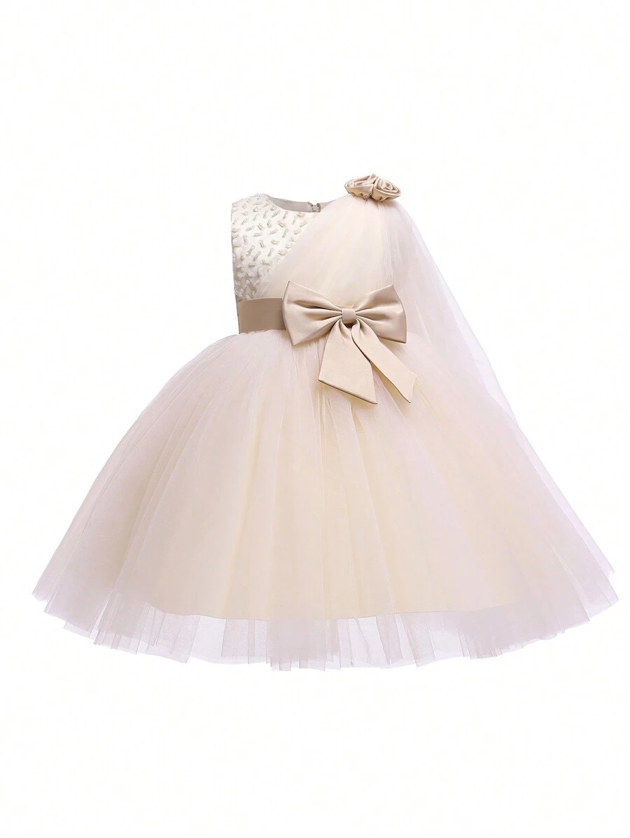Young Girl's Bowknot Mesh Formal Prom Dress, Spring, Suitable For Birthday Parties, Dance Parties, Important Occasions, Holidays, Stage Performances - Champagne - View 1
