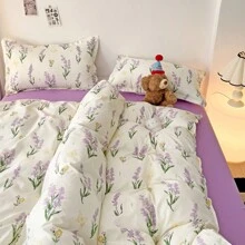 4入組/套，紫色鬱金香印花微纖維蘆薈親膚透氣床單套裝（1被套，1床單，2枕套），不含內芯 - 軍綠色 - 查看 10