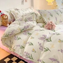 4入組/套，紫色鬱金香印花微纖維蘆薈親膚透氣床單套裝（1被套，1床單，2枕套），不含內芯 - 軍綠色 - 查看 8