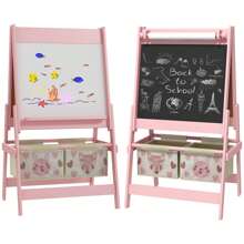 AIYAPLAY Caballete para Niños 3 en 1 Caballete Infantil de Doble Cara Caballete de Arte con Rollo de Papel Pizarras y 2 Cestas de Almacenamiento 54x46,5x93 cm - Rosa - Ver 2