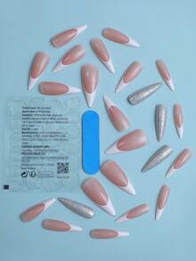 24 件白色法式尖壓指甲銀色豪華錫箔實心手工指甲壓指甲適合女士和女孩 - 彩色 - 查看 3