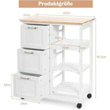 Serving Trolley With 3 Drawers And 3 Shelves, Rolling Kitchen Trolley, Side Trolley With A Removable Tray, 2 Wheels With Brakes, In Country House Style, For Kitchens, Restaurants - White - View 5