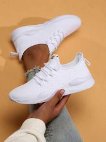 Ladies Trainers Minimalist Sneakers Neutral Outdoor Walking Leisure Shoes Lightweight Casual Shoes Lace Up Mesh Sports Shoes White