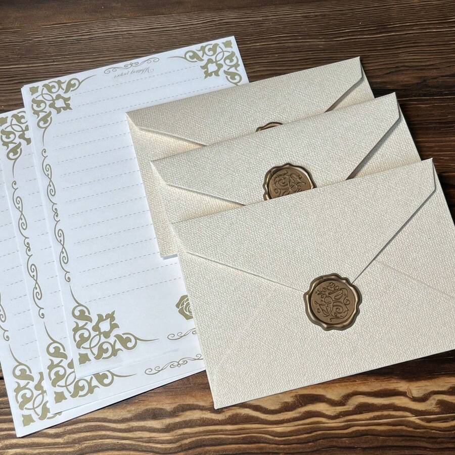 3入組信封+10入組文具套件,包括麻布信封,特殊紙張文具套裝,復古風格,非常適合情書,邀請函,明信片,蠟印信封 - 彩色 - 查看 1