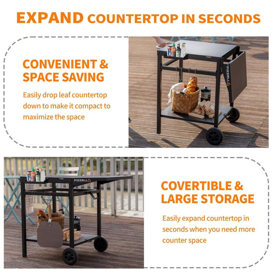 PIZZELLO Outdoor Grill Cart Movable Pizza Oven Table Stand DoubleShelf