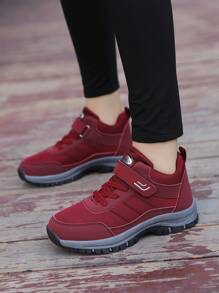 Women's Buckle Mesh Breathable Platform Sneakers, Comfortable Non-Slip Outdoor Hiking Shoes - Burgundy - View 3