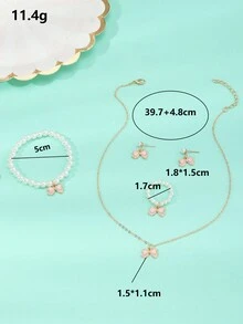 5件套女孩蝴蝶吊坠项链、珍珠串珠手链、耳环和戒指套装 - 粉色 - 查看 3