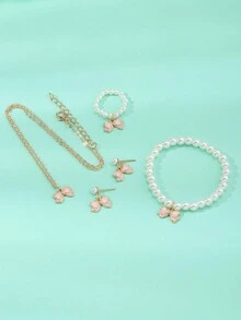 5件套女孩蝴蝶吊坠项链、珍珠串珠手链、耳环和戒指套装 - 粉色 - 查看 5