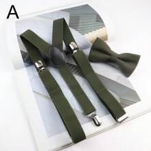 2 piezas Conjunto de tirantes ajustables de metal y corbata de moño de lino en verde para caballero, adecuado para boda o fiesta, disfraz de Halloween, apto para adolescentes, jóvenes, hombres, uso casual, al aire libre, atlético, vacaciones, regalos de graduación, cumpleaños, uso diario para salir, fiesta de boda y como regalo, disfraz de Halloween