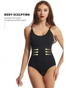 1pc Sling One-Piece Shapewear. Arm Lifting And Belly Tightening Triangular Breasted Open Cut Body Shaping Jumpsuit, Fabric That Is Skin Friendly But Not Tight, High Elasticity, Sweat Absorbing And Breathable, Gathering The Chest, Waist Tightening, And Buttocks Lifting, Paired With Outfits To Enhance The Perfect Figure - Black - View 5