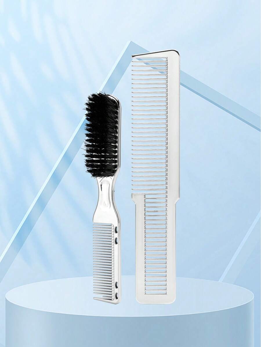 2pcs/Set Combination Of Hairbrush, Beard Brush, Hairdressing Comb, Heat-Resistant Comb, And Detangling Comb - Silver - View 1