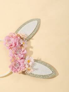 1 件复活节头带，带 7 朵米色花朵和 2 层金色闪光兔耳朵