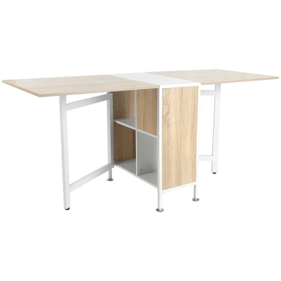 HOMCOM Foldable Drop Leaf Dining Table Folding Workstation For Small Space With Storage Shelves Cubes Oak & White