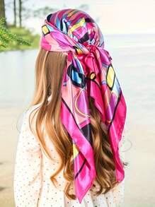 1 Khăn quàng cổ vuông bằng vải sa-tanh họa tiết hình học dành cho nữ, Băng đô/Băng đô ngoài trời thời trang, Quà tặng ngày lễ tình nhân Khăn rằn sang trọng, Dây buộc tóc, Băng đô Lý tưởng để tôn lên diện mạo của bạn - Màu Hồng Tươi - Xem 2