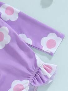 Baby Girl Jumpsuit Swimsuit With Hat Flower Print Long Sleeve Round Neck Front Zipper Ruffle Bathing Suit - Purple - View 8