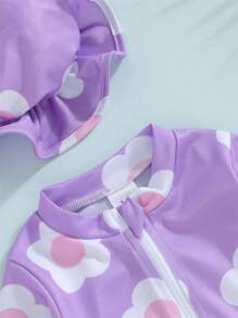 Baby Girl Jumpsuit Swimsuit With Hat Flower Print Long Sleeve Round Neck Front Zipper Ruffle Bathing Suit - Purple - View 5