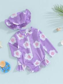 Baby Girl Jumpsuit Swimsuit With Hat Flower Print Long Sleeve Round Neck Front Zipper Ruffle Bathing Suit - Purple - View 4