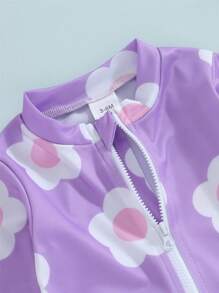 Baby Girl Jumpsuit Swimsuit With Hat Flower Print Long Sleeve Round Neck Front Zipper Ruffle Bathing Suit - Purple - View 7