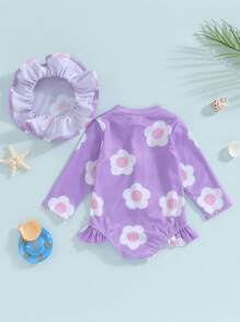 Baby Girl Jumpsuit Swimsuit With Hat Flower Print Long Sleeve Round Neck Front Zipper Ruffle Bathing Suit - Purple - View 2