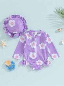 Baby Girl Jumpsuit Swimsuit With Hat Flower Print Long Sleeve Round Neck Front Zipper Ruffle Bathing Suit - Purple - View 1