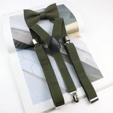 2 piezas Conjunto de tirantes ajustables de metal y corbata de moño de lino en verde para caballero, adecuado para boda o fiesta, disfraz de Halloween, apto para adolescentes, jóvenes, hombres, uso casual, al aire libre, atlético, vacaciones, regalos de graduación, cumpleaños, uso diario para salir, fiesta de boda y como regalo, disfraz de Halloween