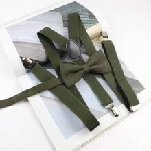 2 piezas Conjunto de tirantes ajustables de metal y corbata de moño de lino en verde para caballero, adecuado para boda o fiesta, disfraz de Halloween, apto para adolescentes, jóvenes, hombres, uso casual, al aire libre, atlético, vacaciones, regalos de graduación, cumpleaños, uso diario para salir, fiesta de boda y como regalo, disfraz de Halloween