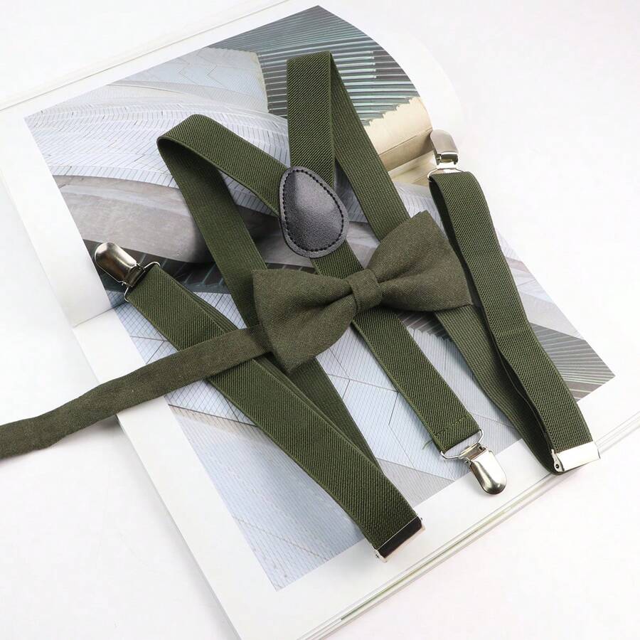 2 piezas Conjunto de tirantes ajustables de metal y corbata de moño de lino en verde para caballero, adecuado para boda o fiesta, disfraz de Halloween, apto para adolescentes, jóvenes, hombres, uso casual, al aire libre, atlético, vacaciones, regalos de graduación, cumpleaños, uso diario para salir, fiesta de boda y como regalo, disfraz de Halloween