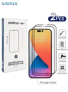 Smorss 2 Pcs Silk Screen Black Edge Tempered Film Screen Protector Compatible With Iphone 15/15 Plus/15 Pro/ 15 Pro Max Transparent Glass Case Film Super HD High Quality 9H Hardness Coverage Protection Tempered Glass Protective - White - View 2