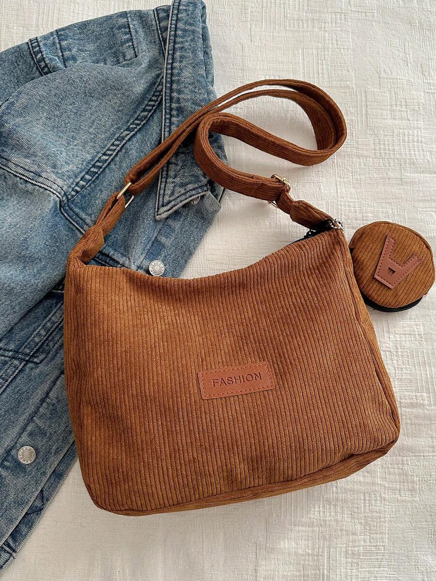 2024復古燈芯絨手提包大容量通勤媽咪包時尚單肩包學生包 - 棕色 - 查看 1