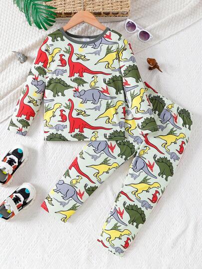 Young Boy Dinosaur Print Long Sleeve T-Shirt & Pants 2pcs Set, Casual Chic, Spring/Summer