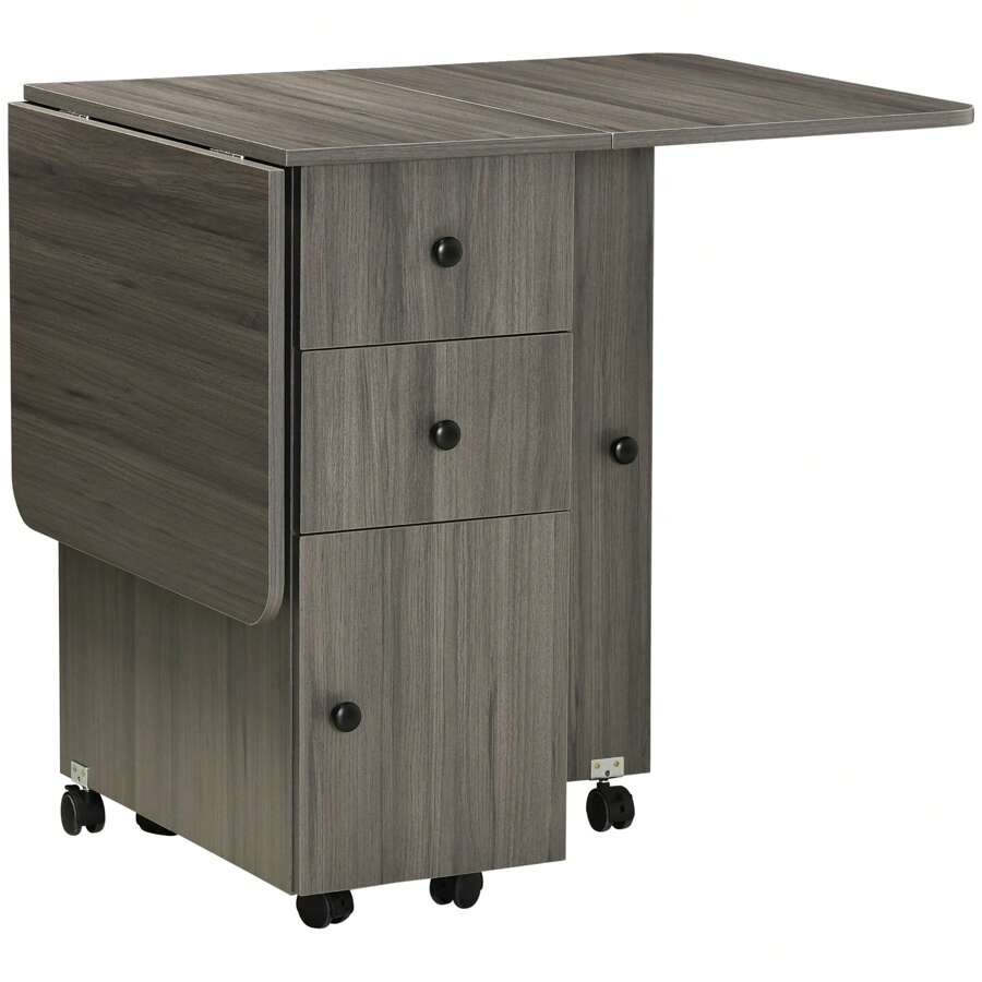 HOMCOM Folding Dining Table For 4-6, Rolling Drop Leaf Table With Storage Drawers, Cabinet And Open Shelf, Extendable Kitchen Table On Wheels - 灰色 - 查看 1