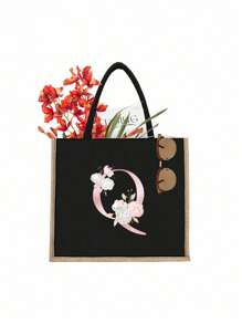 1入粉色字母印花黑色手提袋，黃色亞麻邊緣設計，簡約大方，情人節禮物，女性伴娘個性化結婚禮物袋，化妝包，旅行簡易收納袋，純色化妝品錢包，大容量旅行化妝包：非常適合戶外美容！ 適合婚禮，生日，海灘和假期，是女性，母親，老師，朋友和伴娘的絕佳禮物。 大袋適合學生，回學校和... - 黑色 - 查看 27