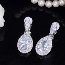 SEQUITO 2 Pieces Delicate Royal Blue Crystal Clips On Earrings Without Piercing Women Classic Teardrop Cubic Zirconia Party Prom Ear Jewelry For Non Hole Ears