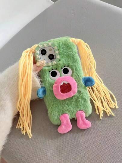 New Fashionable Cartoon Funny Cute Plush DIY Braid Expression Phone Case, Compatible With Apple 11/12/13/14/15/16/17 Pro/Pro Max, Shock-Proof Protection