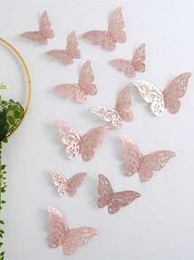 Set de 12/24 piezas de Adhesivos de pared en forma de mariposa 3D huecas y de colores, con textura metálica para decoración - Oro rosa - Ver 2