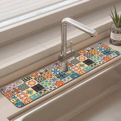 1 Pieza Estilo Bohemio Silicona Antideslizante Tapón De Agua Del Grifo Estera De Drenaje Con Diseño De Flores Vintage, Adecuado Para Diversos Grifos De Agua En El Baño Y La Cocina
