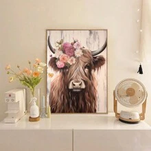 1 Pièce D'illustration Vintage De Vache Des Highlands Avec Impression Sur Toile Sans Cadre, Imperméable, Tête De Vache De Style Rustique Portant Des Fleurs, Art Mural De Salon, Décoration De Chambre À Coucher - Multicolore - Voir 3