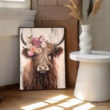 1 Pièce D'illustration Vintage De Vache Des Highlands Avec Impression Sur Toile Sans Cadre, Imperméable, Tête De Vache De Style Rustique Portant Des Fleurs, Art Mural De Salon, Décoration De Chambre À Coucher - Multicolore - Voir 2