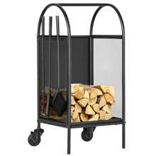 Outsunny Chariot à bois de chauffage avec roues, range-bûches, porte bûches de cheminée, avec accessoires, pelle, balai et tisonnier, foyer, intérieur extérieur, 37,5 x 37,5 x 80 cm noir - Noir - Voir 1