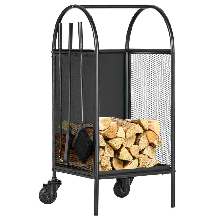 Outsunny Chariot à bois de chauffage avec roues, range-bûches, porte bûches de cheminée, avec accessoires, pelle, balai et tisonnier, foyer, intérieur extérieur, 37,5 x 37,5 x 80 cm noir - Noir - Voir 1