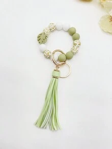 1個葉形矽膠和珠子鑰匙扣,配上pu流蘇,適用於手袋、汽車鑰匙,母親節或教師節禮物 - 彩色 - 查看 4