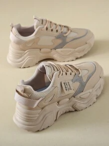時尚增高厚底透氣女運動鞋,女式戶外休閒復古風格綁帶厚底運動鞋 - 卡其色 - 查看 4
