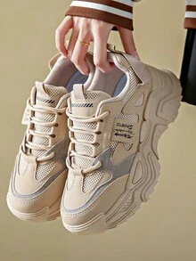 時尚增高厚底透氣女運動鞋,女式戶外休閒復古風格綁帶厚底運動鞋 - 卡其色 - 查看 5